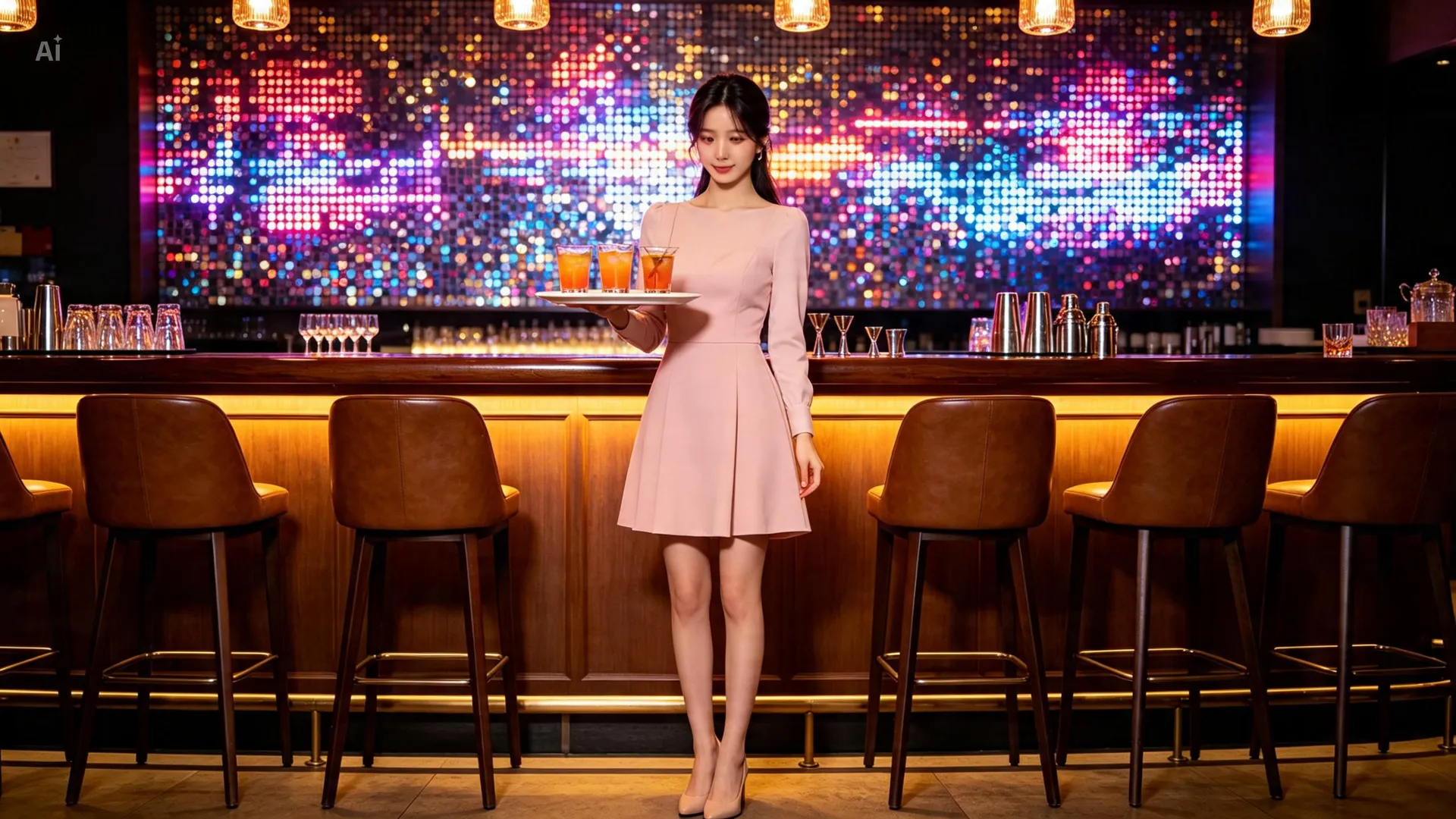 LED 월 앞에서 서빙하는 모습
